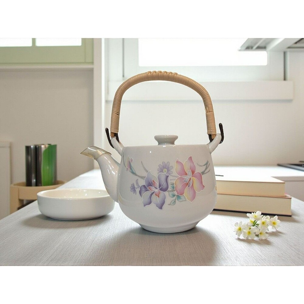 Vintage Japanese Porcelain Teapot - Pink and Purple Flowers - Bamboo Handle